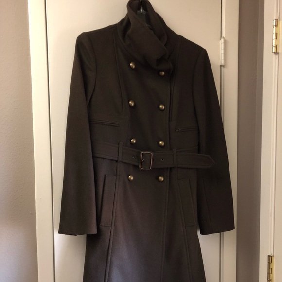 BCBGMAXAZRIA Double Breasted Wool Blend Trench Coat with Belt, Dark Olive, Small - Picture 1 of 6